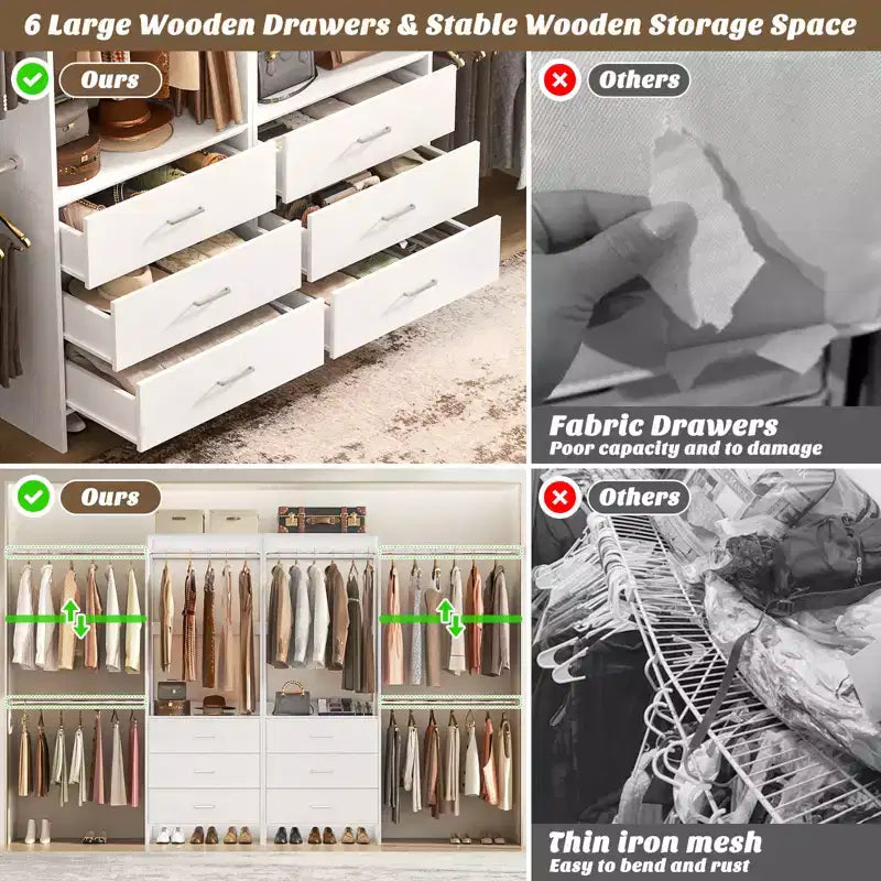 142-Système de rangement de placard avec tringles extensibles, garde-robe avec 6 tiroirs en bois