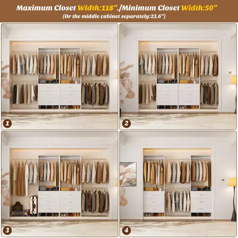 142-Système de rangement de placard avec tringles extensibles, garde-robe avec 6 tiroirs en bois