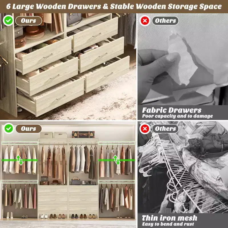 142-Système de rangement de placard avec tringles extensibles, garde-robe avec 6 tiroirs en bois