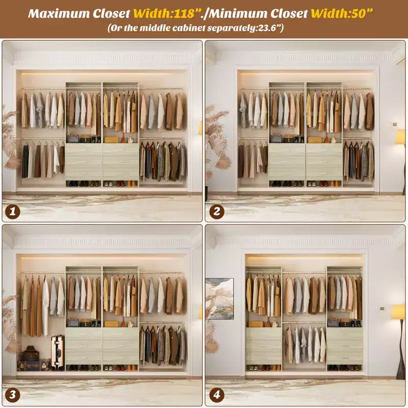 142-Système de rangement de placard avec tringles extensibles, garde-robe avec 6 tiroirs en bois