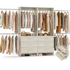 Besiost 142-In Closet Organizer System with Extendable Hanging Rods, Wardrobe with 6 Wood Drawers