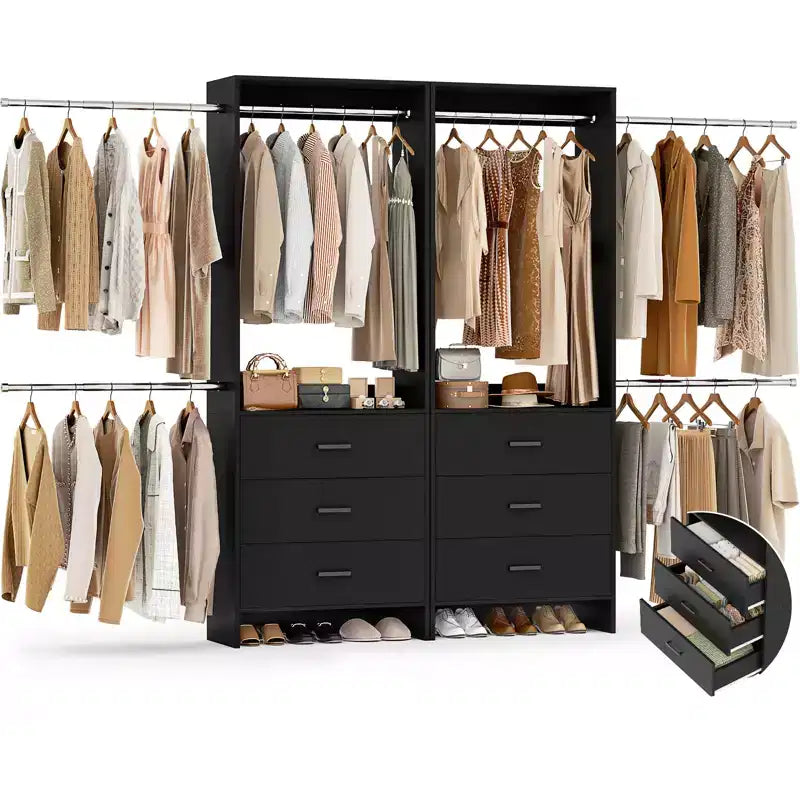 142-Système de rangement de placard avec tringles extensibles, garde-robe avec 6 tiroirs en bois
