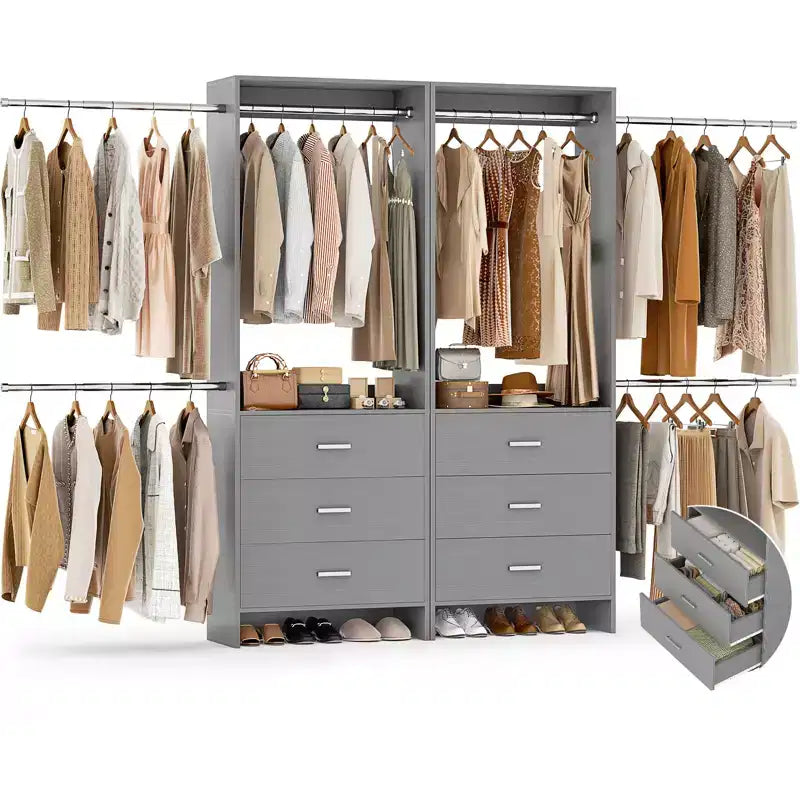 142-Système de rangement de placard avec tringles extensibles, garde-robe avec 6 tiroirs en bois