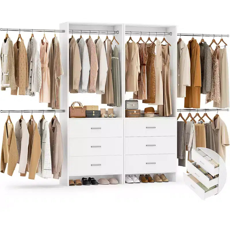 142-Système de rangement de placard avec tringles extensibles, garde-robe avec 6 tiroirs en bois