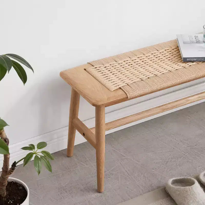 Banc de salle à manger en bois de chêne, bois durable avec assise tissée à la main, marron, taille unique, pour salle à manger, chambre à coucher, entrée ou salle de bain