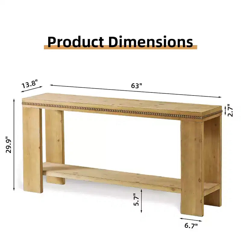 63 Table console étroite de style ferme avec étagère de rangement, table d'entrée sculptée avec perles pour salon ou bureau