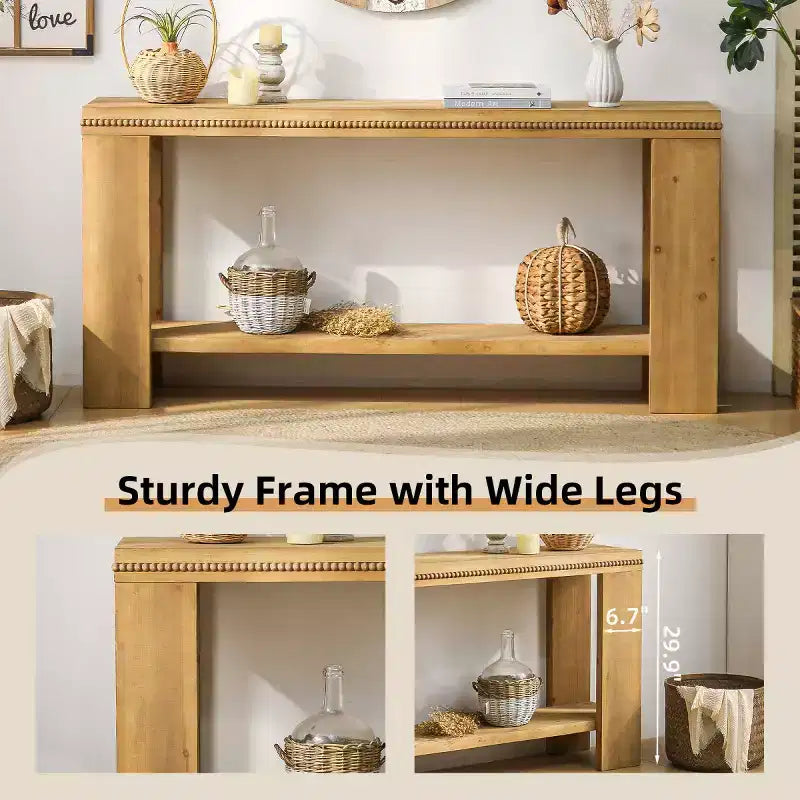 63 Table console étroite de style ferme avec étagère de rangement, table d'entrée sculptée avec perles pour salon ou bureau